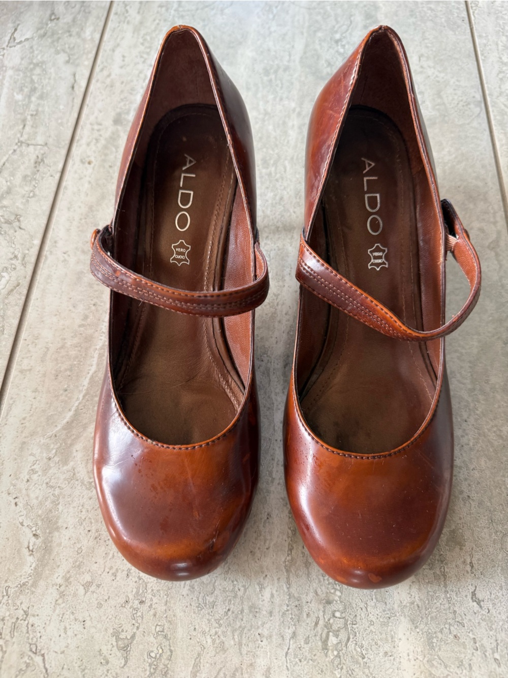 Aldo Women's Cognac Leather Mary Jane Heels with Strap